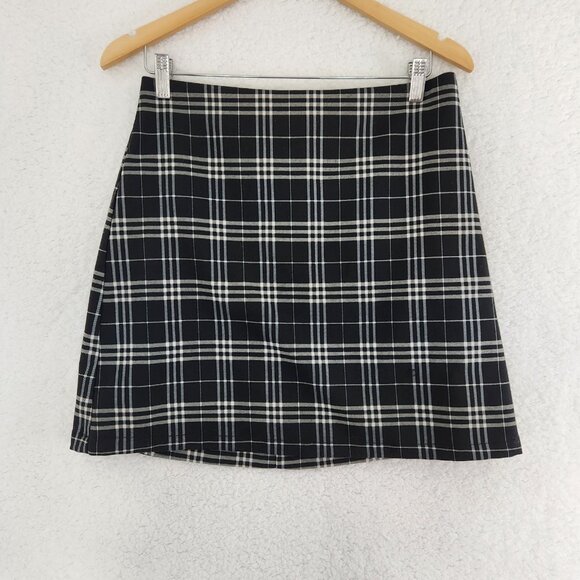 Blue Rain Plaid Mini Skirt Black And White Lined Zipper Junior Size Large - Picture 1 of 6